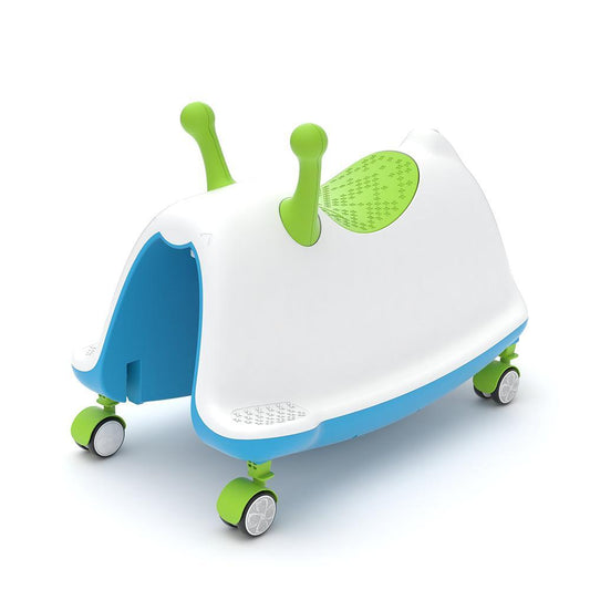 Children's toy car shaped like a caterpillar with green and blue colors on a white background