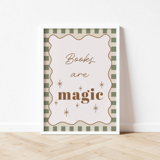 Decorative book with 'Books are magic' text on a checkered background