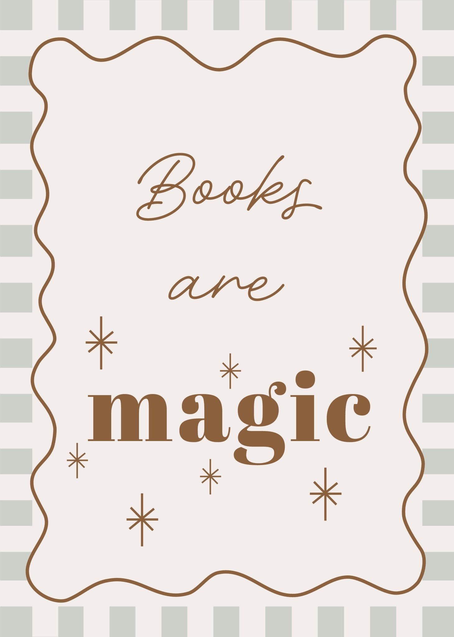 Decorative book cover with 'Books are magic' text on a striped background