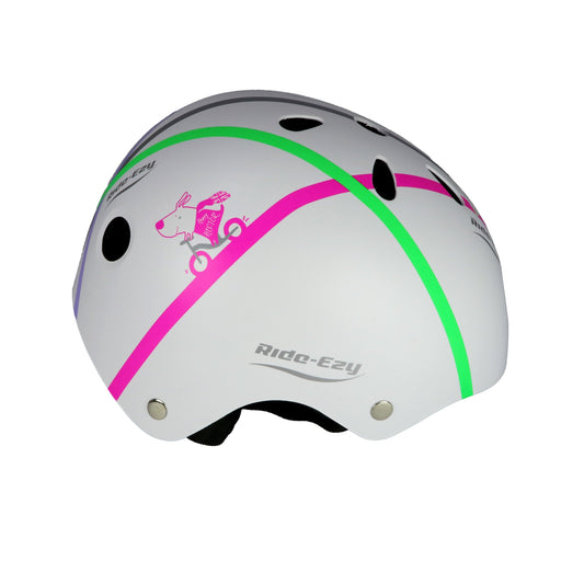 Children's helmet with pink and green accents on a white background