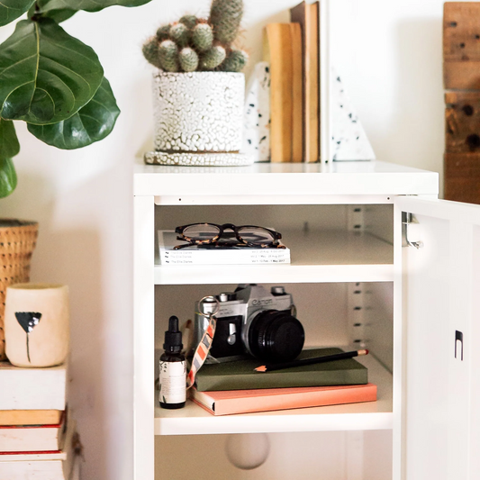 White shelf with books, a plant, and decorative items against a white wall.