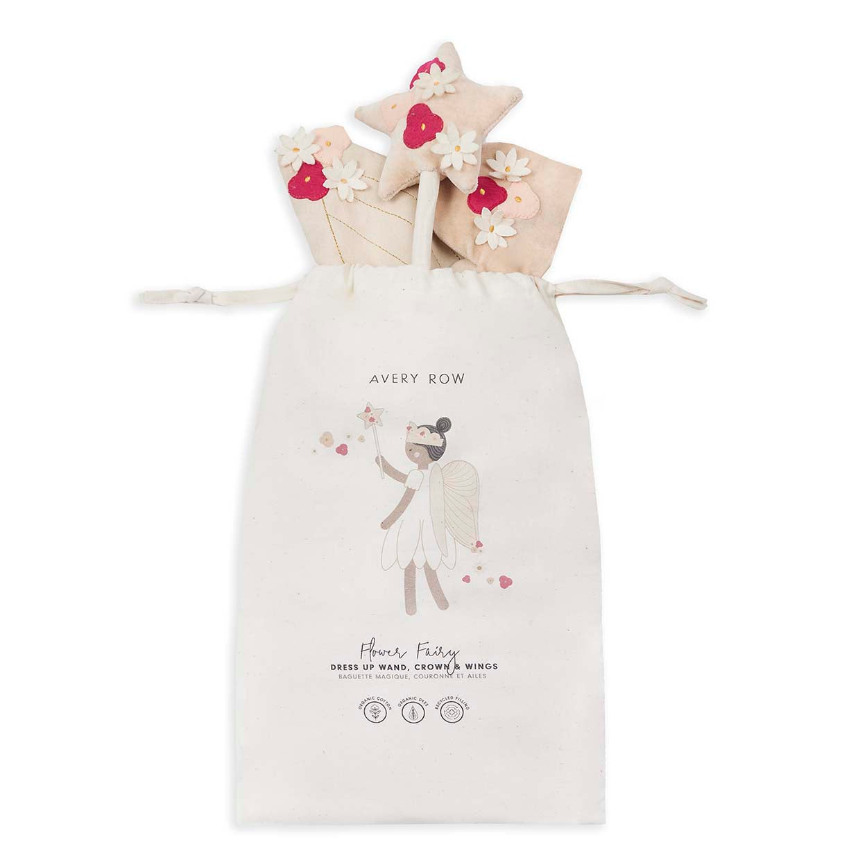 Decorative fairy doll with floral crown and wand on a branded drawstring bag.