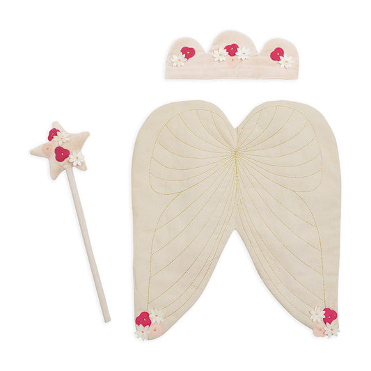 Set of fairy wings, wand, and tiara with floral decorations on a white background