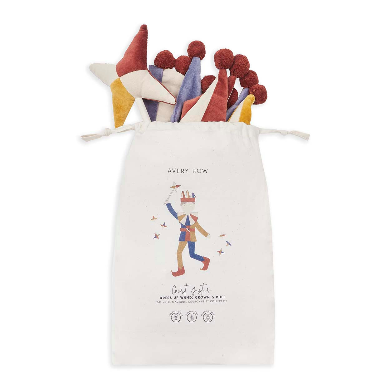Set of colorful felt hats in a drawstring bag with 'Avery Row' branding on a white background.