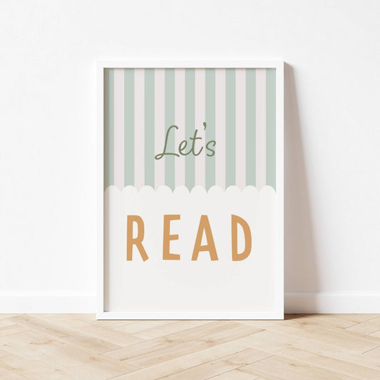 Framed poster with 'Let's Read' text on a striped background