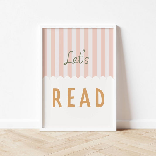 Framed poster with 'Let's Read' text on a striped background