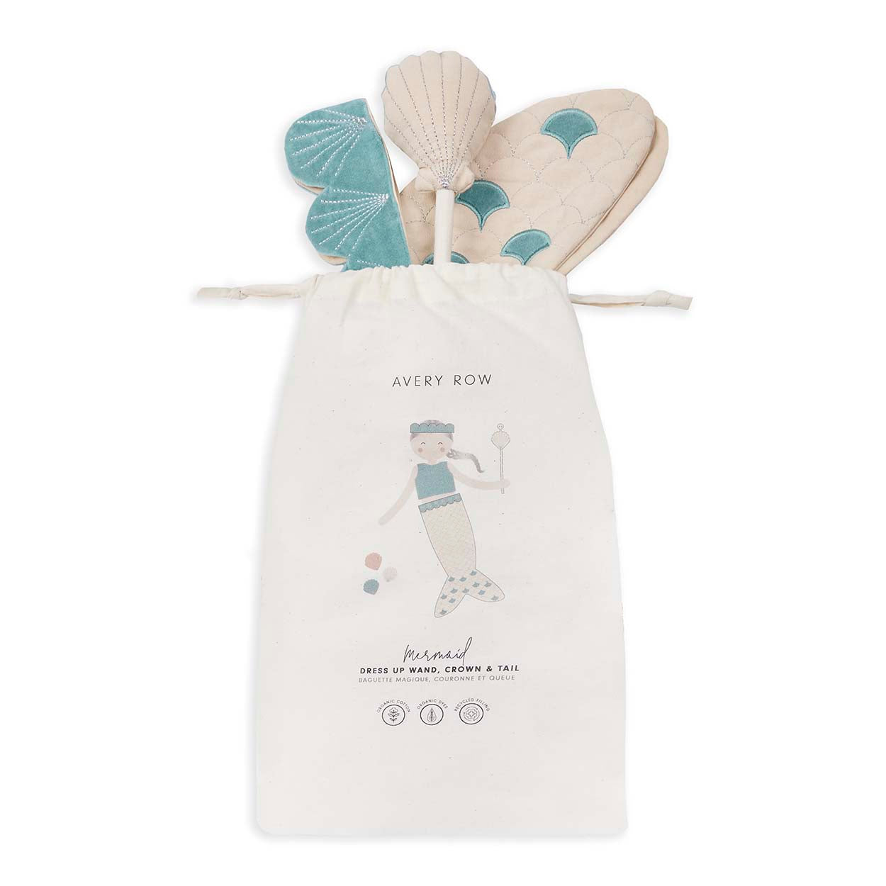 Dress-up wand with shell design on a drawstring bag labeled 'Avery Row'.