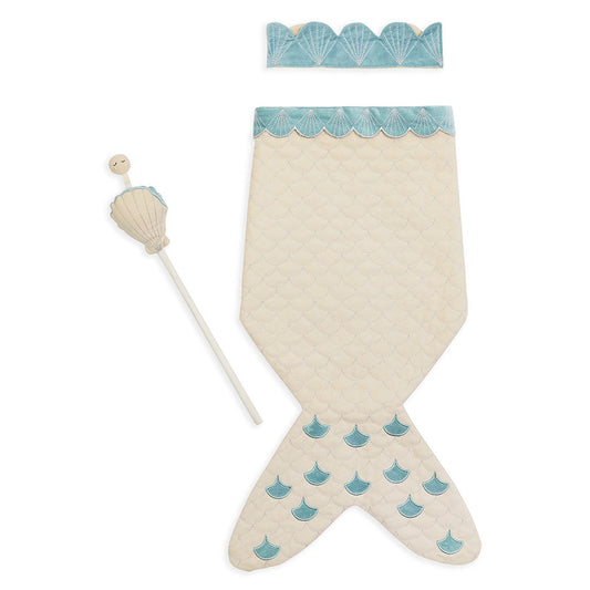 Mermaid-themed tail with crown and wand on a white background