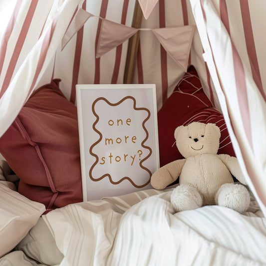 Children's bedroom with a teddy bear, 'one more story?' sign, and striped canopy.