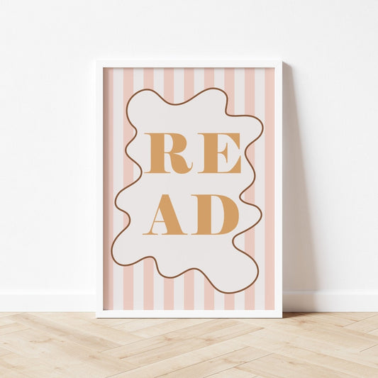 Decorative poster with 'READ' text on a pink and white striped background