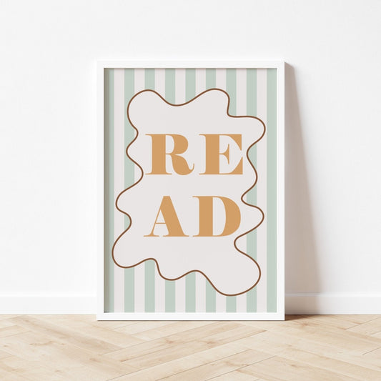 Framed artwork with 'READ' text on a striped background