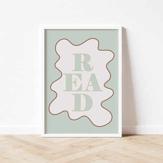 Framed artwork with 'READ' text on a light green background