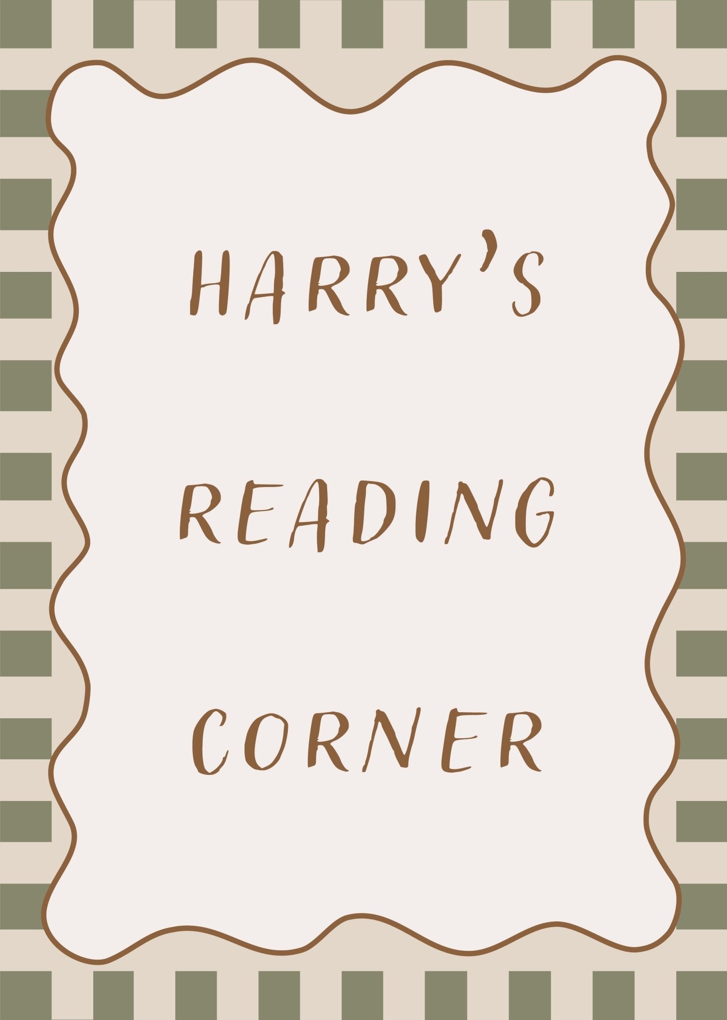 Decorative sign with 'Harry's Reading Corner' text on a striped background