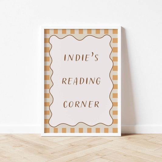 Decorative sign with 'Indie's Reading Corner' text on a striped background