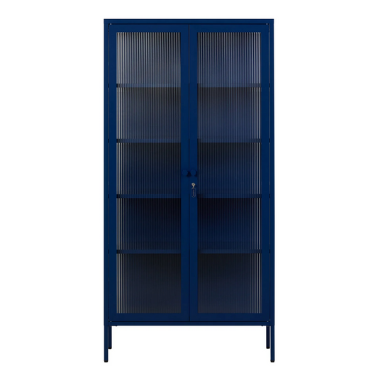Navy cabinet with glass panels on a white background