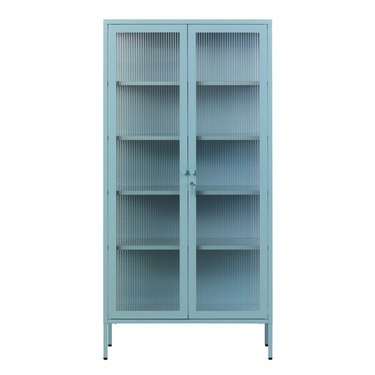 Ocean blue cabinet with glass panels on a white background