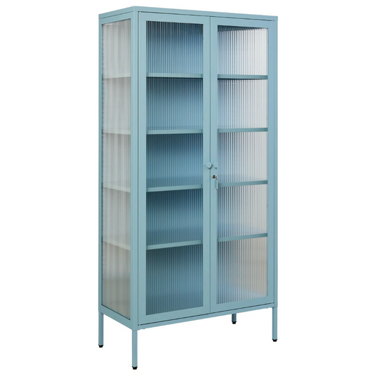 Ocean blue cabinet with glass panels on a white background