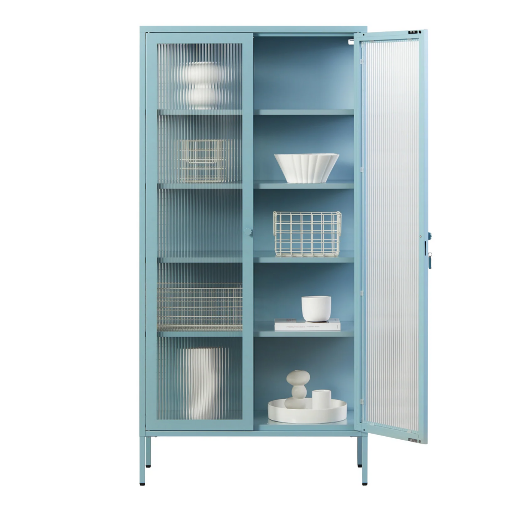 Ocean blue cabinet with glass panels on a white background