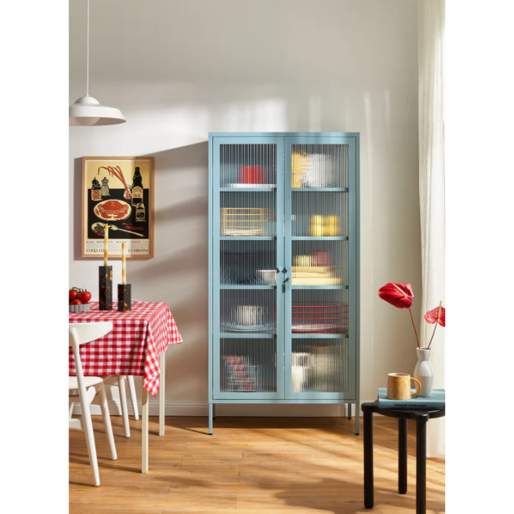 Ocean blue cabinet in a dining room area