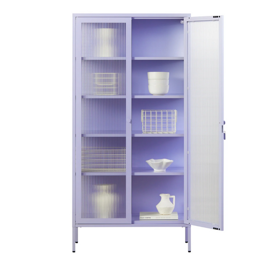 Lilac cabinet with glass panels on a white background