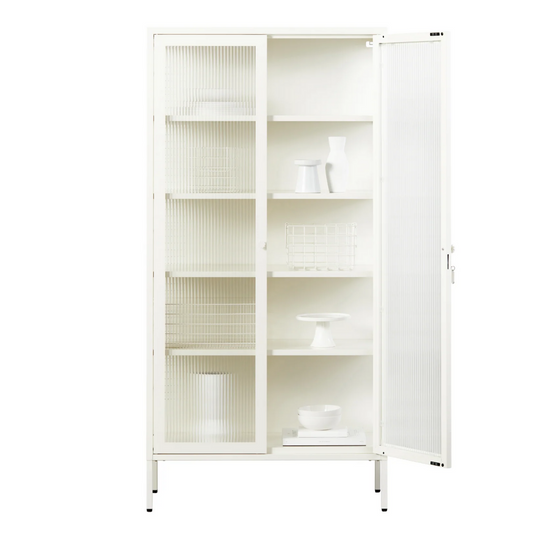 Chalk cabinet with glass panels on a white background