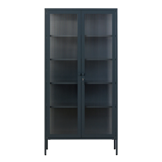 Navy cabinet with glass panels on a white background