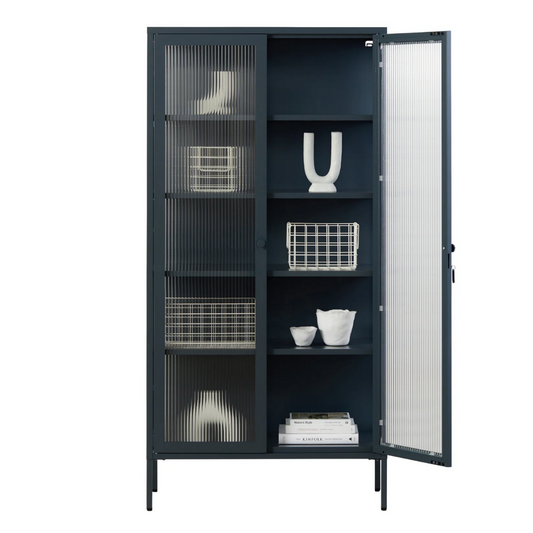Navy cabinet with glass panels on a white background