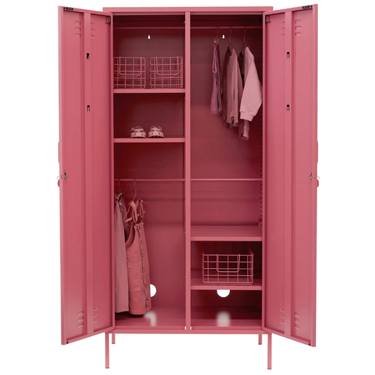 Pink locker with clothes and shelves on a white background