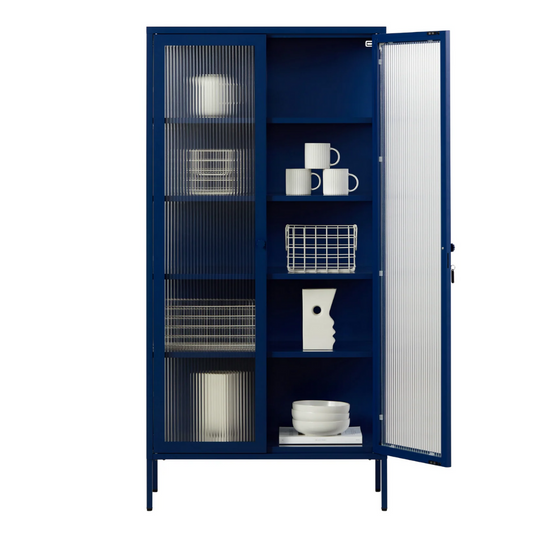 Navy cabinet with glass panels on a white background