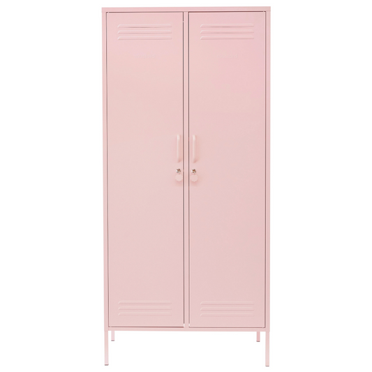 Pink metal locker with two doors on a white background