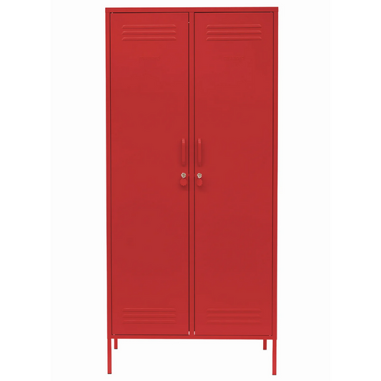 Red metal locker with two doors on a white background