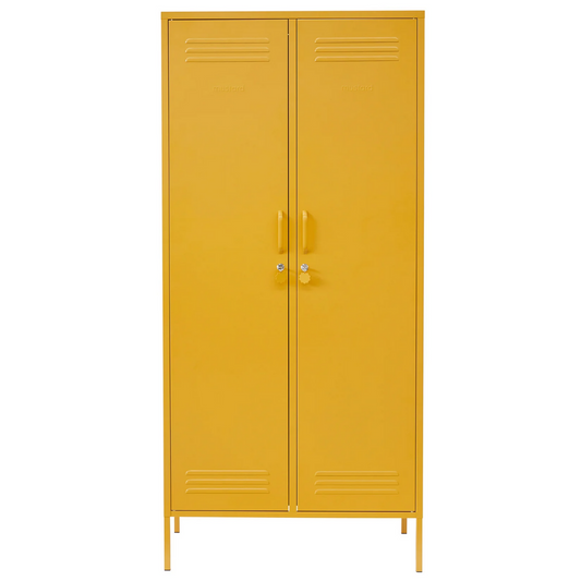 Yellow metal locker with two doors on a white background