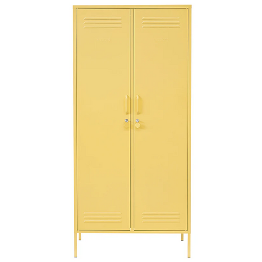 Yellow metal locker with two doors on a white background