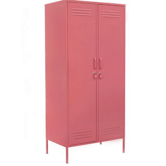 Pink metal locker with two doors on a white background