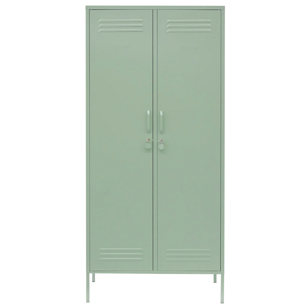 Green metal locker with two doors on a white background