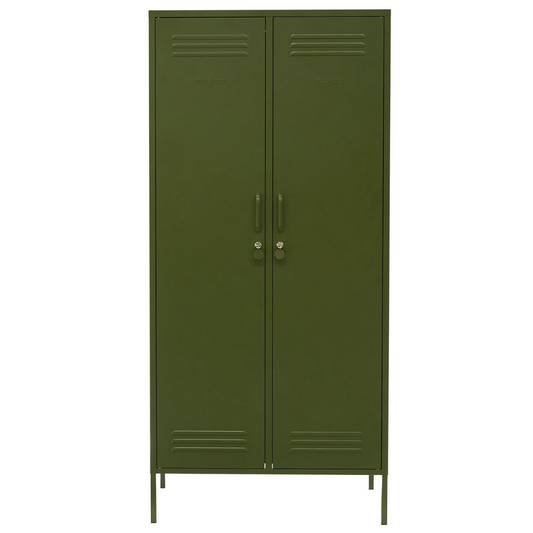 Green metal locker with two doors on a white background