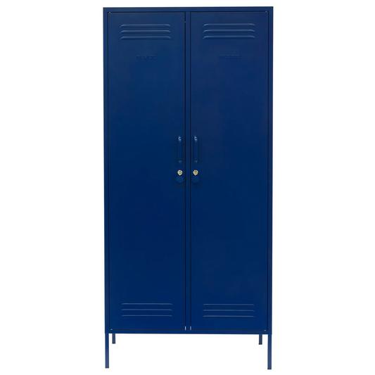 Blue metal locker with two doors on a white background
