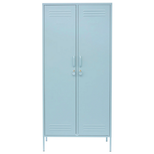 Light blue metal locker with two doors on a white background