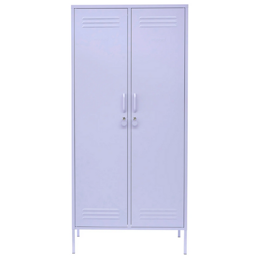 Purple metal locker with two doors on a white background