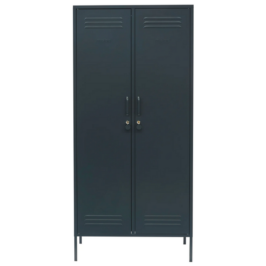 Dark gray metal locker with two doors on a white background