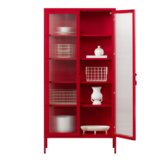 Red cabinet with glass panel door open