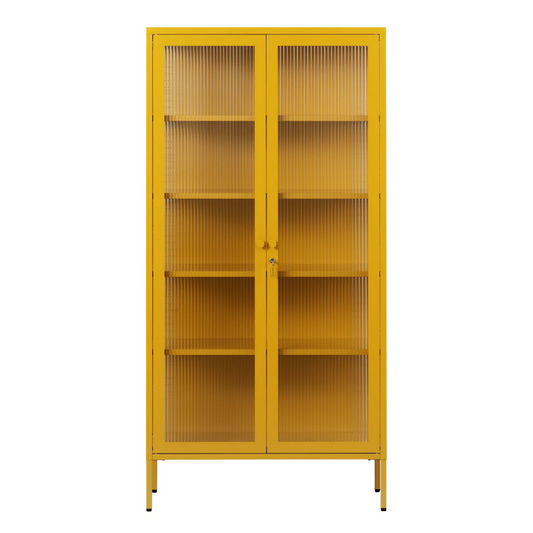 Yellow mustard cabinet with glass panels
