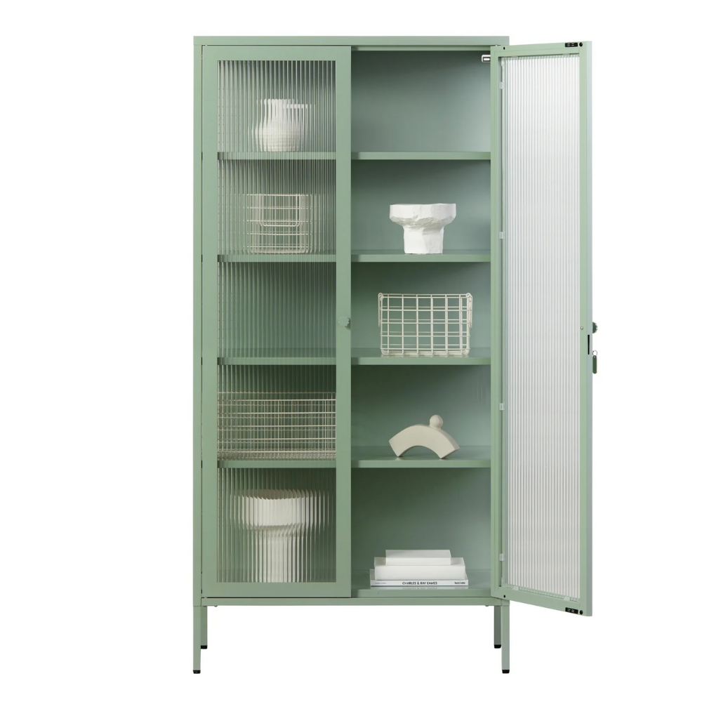 Sage green cabinet with glass panels on a white background