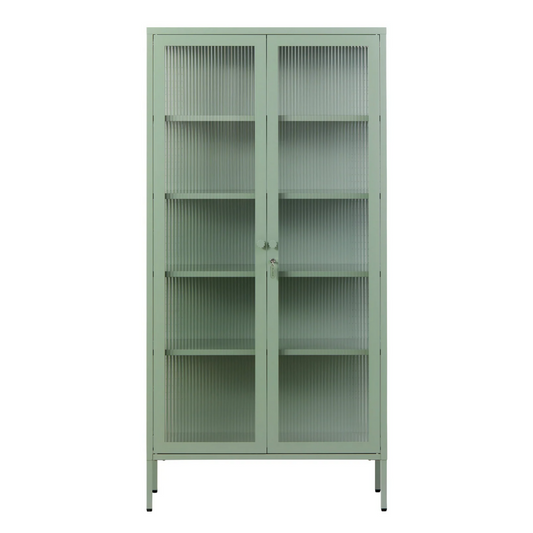 Sage green cabinet with glass panels on a white background