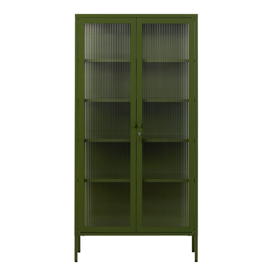 Olive green cabinet with glass panels on a white background