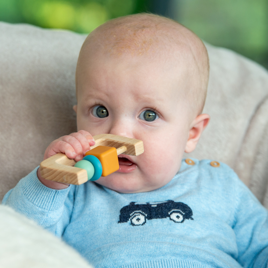 Baby holding a wooden toy with a blurred green background