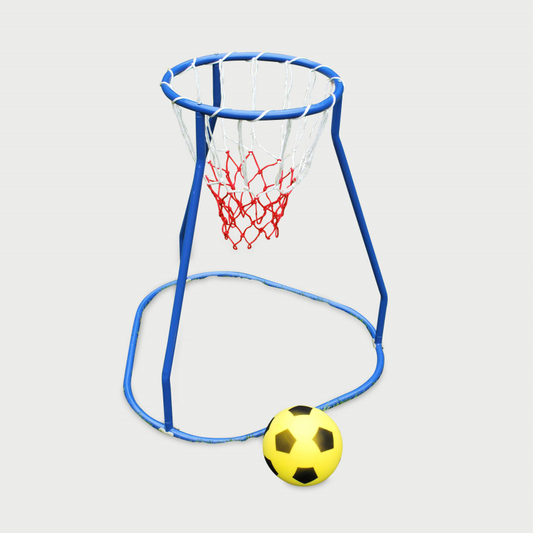 Blue basketball hoop with a yellow ball on a light gray background