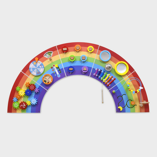 Colorful rainbow-shaped educational toy with various interactive elements on a light gray background
