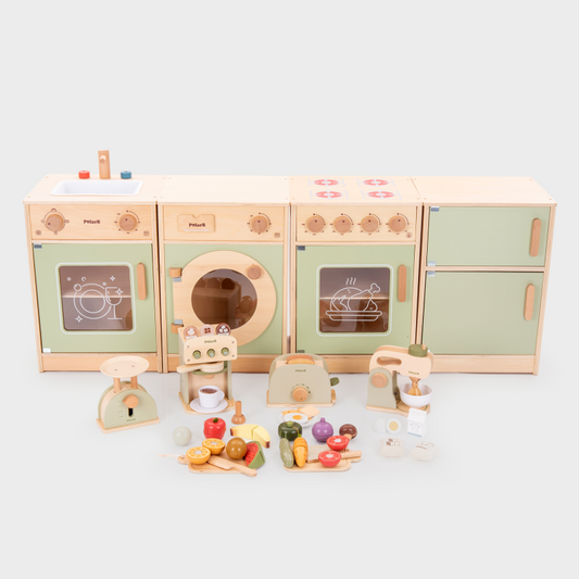 Wooden toy kitchen set with various accessories on a white background