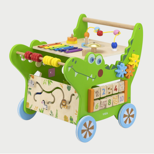 Green Wooden Crocodile baby walker with different activities.